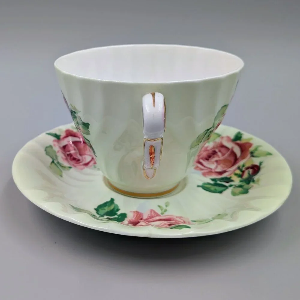 Vintage Queen Anne Bone China Tea Cup and Saucer Set - Mint Green with Pink Cabb